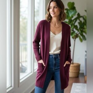 Theory Rib Sleeve Cardi Soft 100% Cashmere Sweater maroon Cardigan Open new